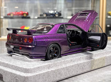 Load image into Gallery viewer, MH 1:18 Purple Skyling GTR R34 Nismo RB26DETT Engine Model Diecast Metal Car
