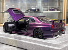 Load image into Gallery viewer, MH 1:18 Purple Skyling GTR R34 Nismo RB26DETT Engine Model Diecast Metal Car
