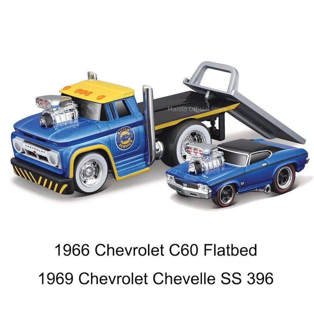 Maisto 1:64 1966 C60 Flatbed Trailer 1969 Chevelle SS Model Diecast Metal Car