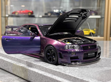 Load image into Gallery viewer, MH 1:18 Purple Skyling GTR R34 Nismo RB26DETT Engine Model Diecast Metal Car
