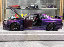 Load image into Gallery viewer, MH 1:18 Purple Skyling GTR R34 Nismo RB26DETT Engine Model Diecast Metal Car
