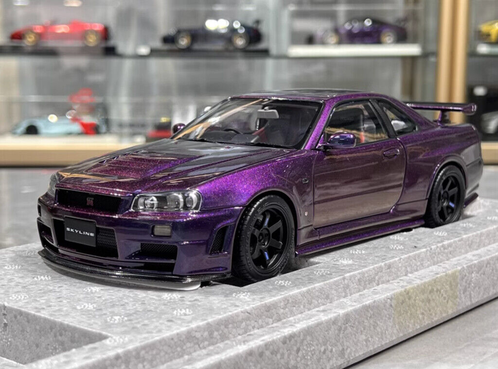 MH 1:18 Purple Skyling GTR R34 Nismo RB26DETT Engine Model Diecast Metal Car