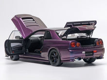 Load image into Gallery viewer, MH 1:18 Purple Skyling GTR R34 Nismo RB26DETT Engine Model Diecast Metal Car
