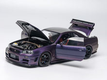 Load image into Gallery viewer, MH 1:18 Purple Skyling GTR R34 Nismo RB26DETT Engine Model Diecast Metal Car
