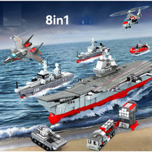 Load image into Gallery viewer, 1091PCS Military WW2 8in1 PLA Shandong Aircraft Carrier Destroyer IFV HQ10 J-15 Helicopter Model Toy Building Block Brick Gift Kids DIY Set New Compatible Lego
