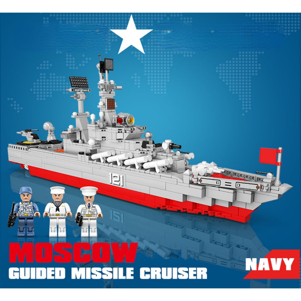 831PCS Military WW2 Moskva Guided Missile Cruiser Slava Battle Ship Figure Model Toy Building Block Brick Gift Kids Compatible Lego