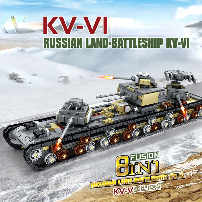 1165PCS Military WW2 8in1 Land Battle Ship Tank KV-VI Model Toy Building Block Brick Gift Kids Compatible Lego